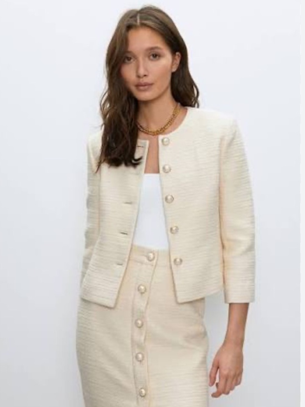 New Aritzia Babaton Beige Little Tweed Denude Lurex Cropped Jacket
